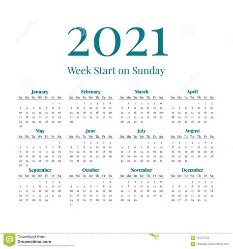Also month calendars in 2021 including week numbers can be viewed at any time by clicking on one of the above months. Simple 2021 year calendar stock vector. Illustration of ...