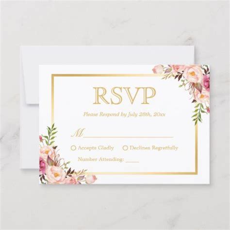Elegant Chic Gold Pink Floral Wedding Rsvp Reply Wedding