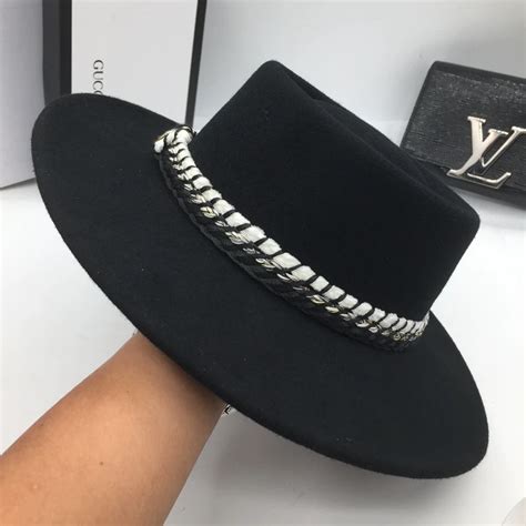 Classic Black Wool Flat Brim Hat Fashion Wide Brim Bump Hats For Men