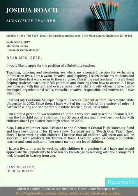 Substitute Teacher Cover Letter Samples And Templates Pdf