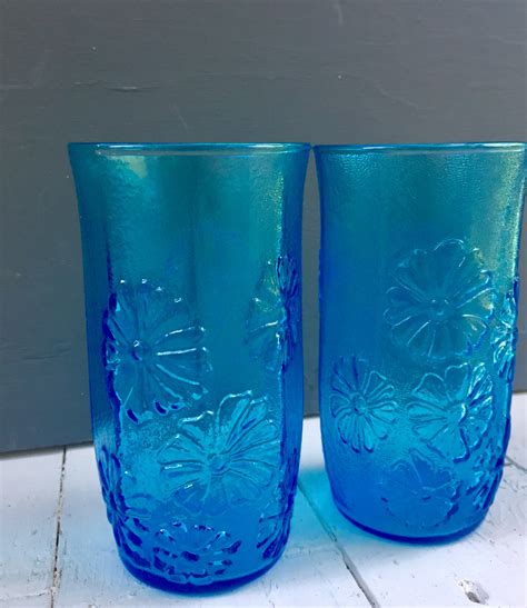 Vintage Blue Drinking Glasses Vintage Glassware Mid Century Drinking Glasses Retro Drinking