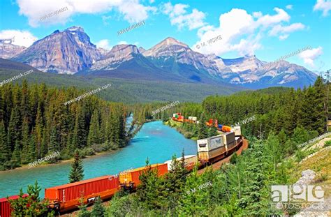 Bow River Valley Parkway Cargo Train Canada Alberta Banff National