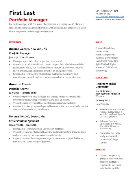 Portfolio Manager Resume Example For 2023 Resume Worded