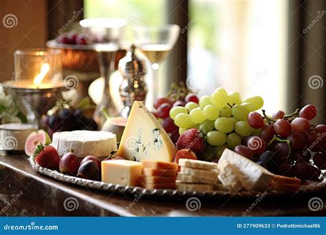 Platter Of Gourmet Cheese And Fruit Pairing With Figs Grapes And