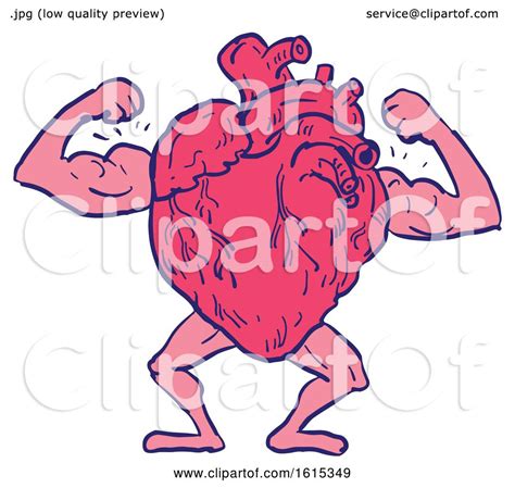 Clipart Of A Sketched Healthy Heart Flexing Its Muscles Royalty Free