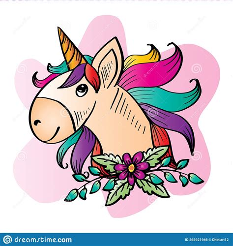 Cute Cartoon Unicorn Head With Flowers Stock Illustration