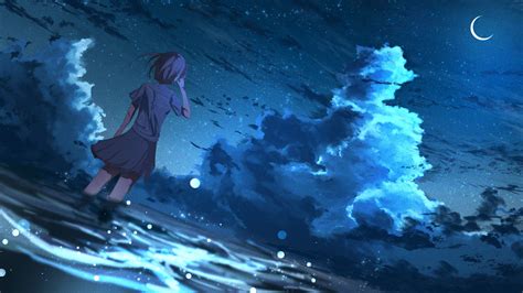 Download Wallpaper 3840x2160 Girl Anime Wind Night Stars Art 4k