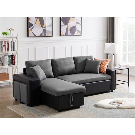925 Linen Reversible Sleeper Sectional Sofa With Storage And 2 Stools