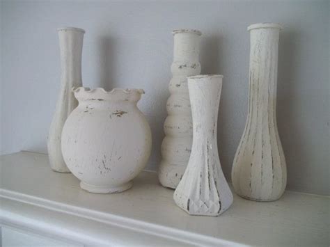 Set Of 5 Upcycled Shabby Chic Glass Vases Painted With Vintage White