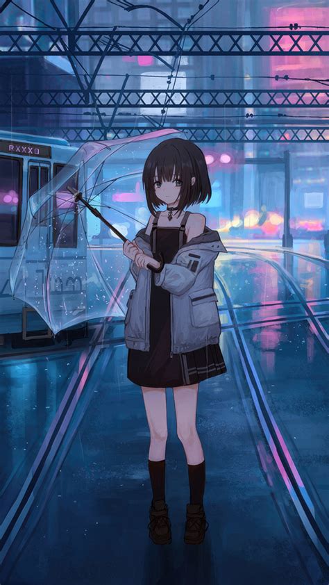 540x960 anime girl with umbrella under neon lights tram passing by 540x960 resolution hd 4k