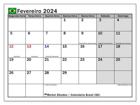 Calendário De Fevereiro De 2024 Para Imprimir “brasil Sd” Michel