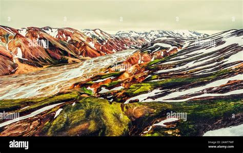 Aerial View Landscape Of Landmannalaugar Surreal Nature Scenery In