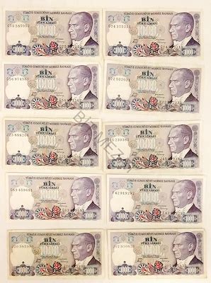Kağıt Para 1000 Türk Lirası Banknot 10 Adet kondisyonlar görüldüğü