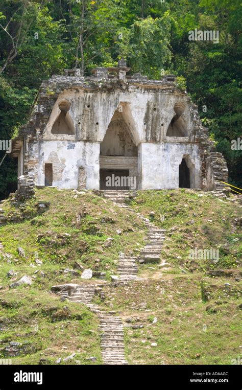 Temple Of The Foliated Cross Palenque Archaeological Site Mexico Stock