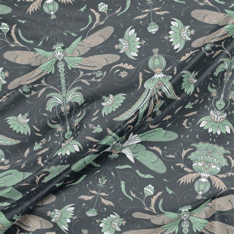 Upholstery Fabric Dragonfly Damask Art Nouveau Green Blue Etsy