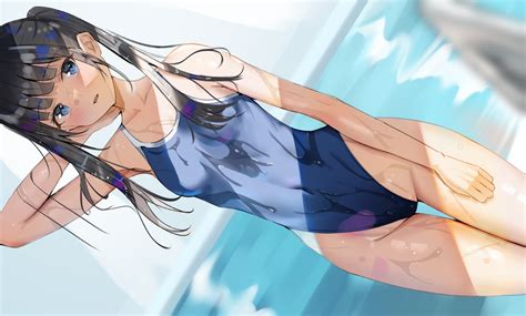 Black Hair Blue Eyes Blush Long Hair Original Pool Sakura Yuu Hzjy School Swimsuit