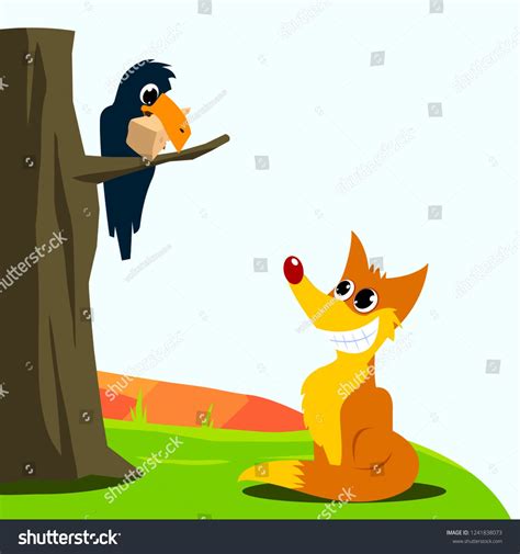 Crow And Fox Fable Vector Illustration White Background Isolated Ad