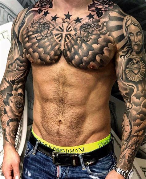 Double Sleeve And Upper Chest Cool Chest Tattoos Chest Tattoo Men Chest Piece Tattoos