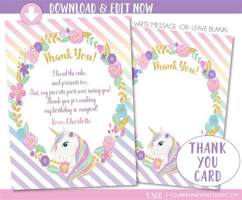 Unicorn Thank You Card Unicorn Party Magical Rainbow Unicorn