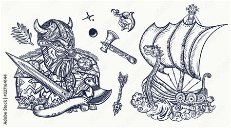 Vikings Tattoo Collection Medieval Barbarian And Long Boat Valhalla