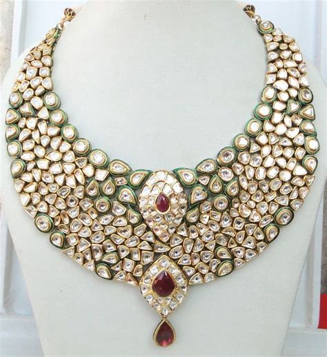 Vintage Antique Huge 20k Gold Diamond Polki Kundan Enamel Work Necklace