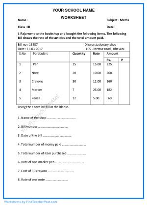 Worksheets for Std III - Maths | Find Teacher Post Worksheets