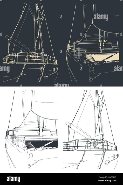 Stylized Vector Illustration Of Drawings Of A Sailing Catamaran Parts