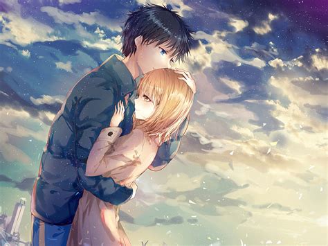 Download 1920x1080 Anime Couple Hug Romance Clouds Scenic