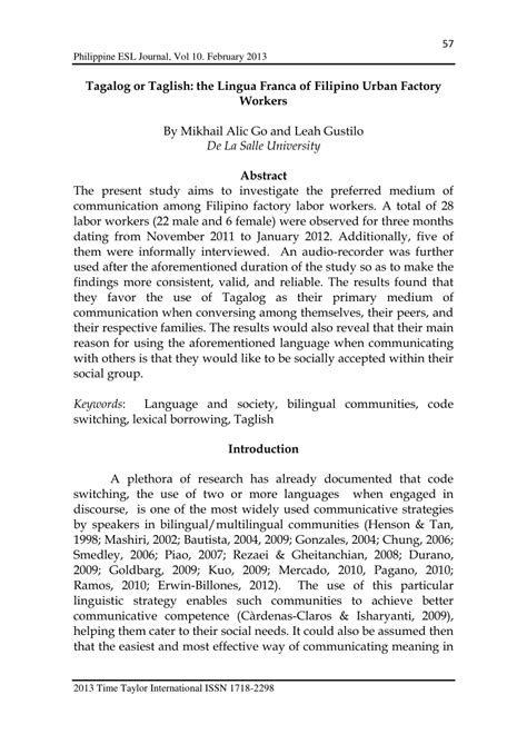 The written abstract is used in making selections for research literature has a special language that concisely and precisely communicates. Tagalog or Taglish: the Lingua Franca of Filipino Urban ...