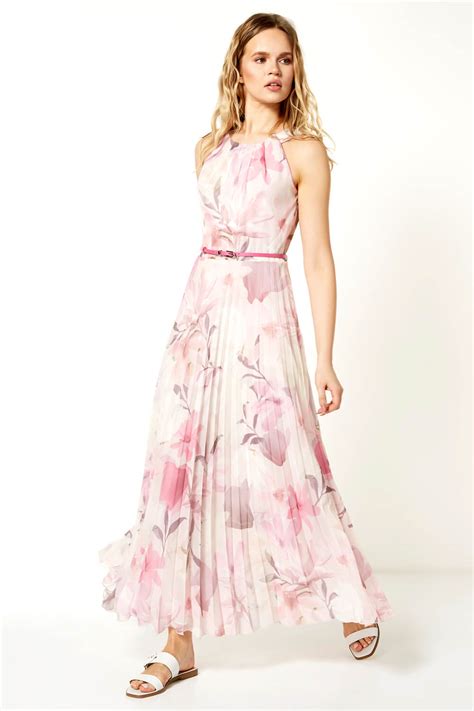 Floral Pleated Maxi Dress In Pink Roman Originals Uk