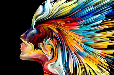 A Womans Face With Multicolored Lines Coming Out Of Her Head And Hair