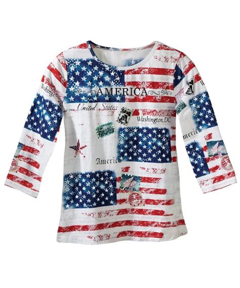 Womens All American Patriotic Flag Scoop Neck Sequin 34 Sleeve Top