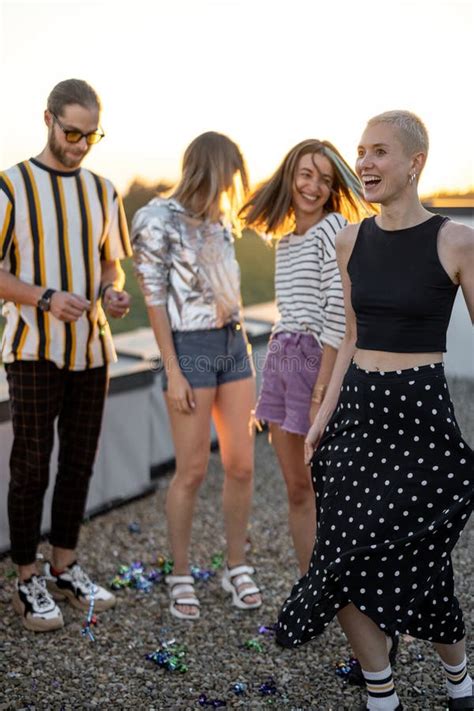 Friends Dancing At Rooftop Terrace On Sunset Stock Image Image Of