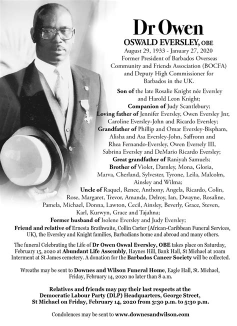 Dr. Owen Oswald Eversley, OBE – Downes & Wilson Funeral Home