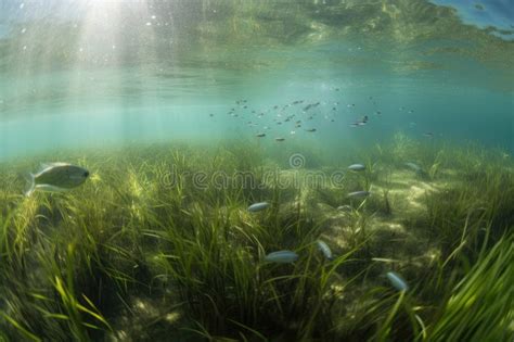 Underwater View Of Seagrass Bed With Schools Of Fish Swimming Among