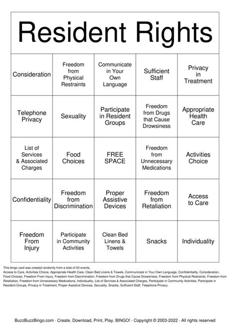 Resident Rights Bingo Cards To Download Print And Customize