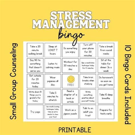 Stress Management Bingo Small Group Counseling Sel Activity 7th 12th