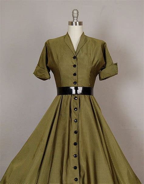 Vintage 1950s Dress 50s Dress Full Skirt Taffeta Olive Green Stripe