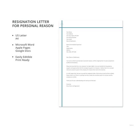 8 Personal Reasons Resignation Letter Templates Pdf Doc Free