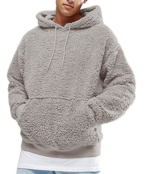 Wpnaks Mens Fluffy Hoodie Solid Pullover Sweatshirt Warm Plain Fleece