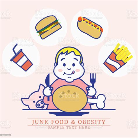 Fat Boy Enjoy Eating Junk Food Obesity Concept Stock Illustration