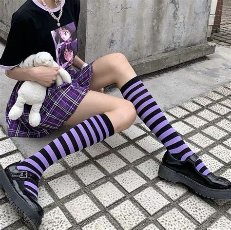 stripe stockings over the knee socks knee high socks in 2021 aesthetic grunge outfit kawaii
