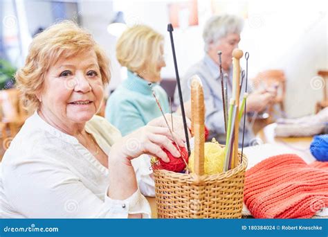 Old Woman With Knitting In A Handicraft Course Stock Photo Image Of