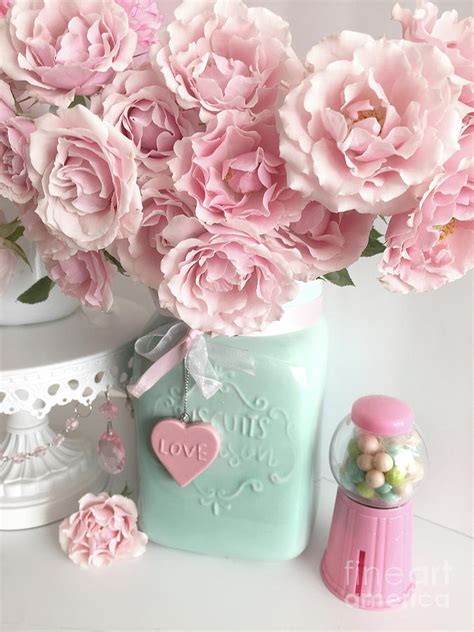Shabby Chic Pink Roses In Aqua Mason Jar Romantic Cottage Floral Print