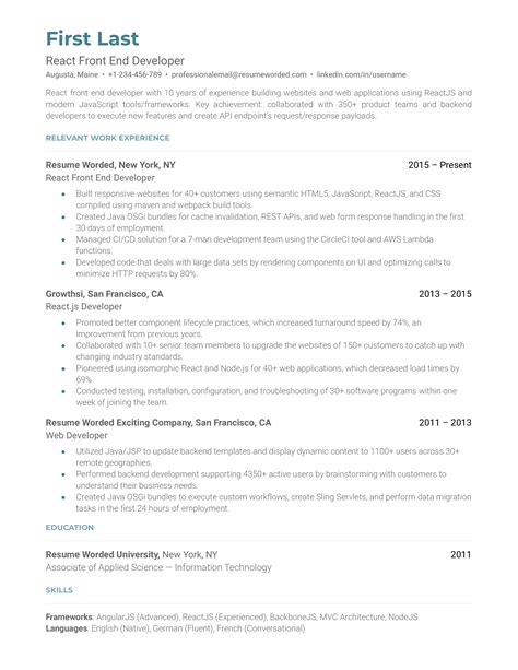 React Front End Developer Resume Example For 2023 Resume Worded