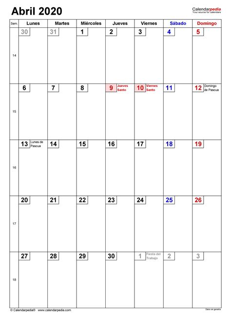 Calendario Abril 2020 En Word Excel Y Pdf Calendarpedia
