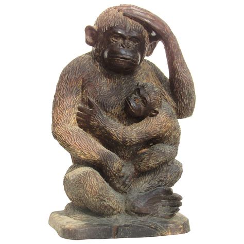 Large Carved Wooden Monkey With Young At 1stdibs Wooden Monkey Statue