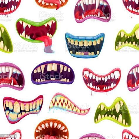 Mulut Monster Dengan Gigi Kartun Pola Mulus Ilustrasi Stok Unduh