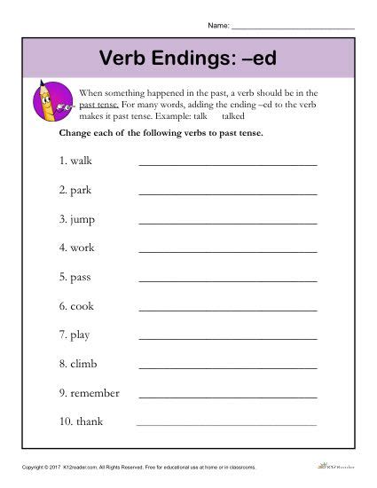 Verb Endings Ed Printable 1st 2nd Grade Grammar Activity