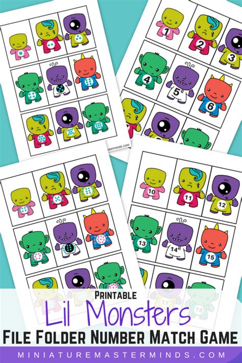 Printable Lil Monsters File Folder Number Match Game Miniature